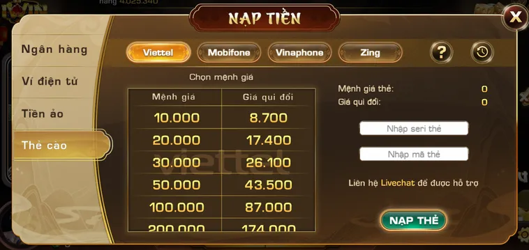 Nạp tiền qua thẻ cào tiền vào tài khoản chỉ trong  phút tại Iwin.